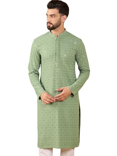 Image of Men's Solid Embroidered Long Straight Kurta | Men's Kurta | Embroidered Chikankari Kurta for Men | Straight Fit Kurta for Men