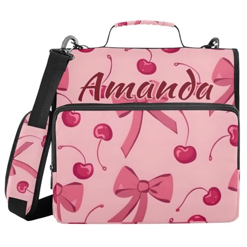Image of Custom 3 Ring Zipper Binder Bow Cherry Pink Personalized Name 1.5 inch Binders Large Capacity Multi Pockets for School Office Supplies