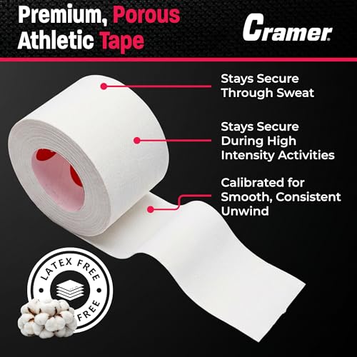 Image of Cramer 950 Premium White Porous Athletic Tape, 2 inch x 15 Yards, Strong Adhesive Sports Tape, Easy Tear, Breathable Cotton, Latex-Free, Bulk Case of 24 Rolls for Ankle, Wrist & Injury Taping
