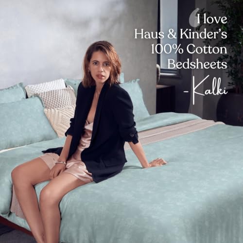 Image of Haus & Kinder King Size Bedsheet for Double Bed with 2 Pillow Covers 108 Inch x 108 Inch| Premium Soft & Silky Pure Cotton 300 TC Flat King Bedsheet | Ashen Blossom Mint