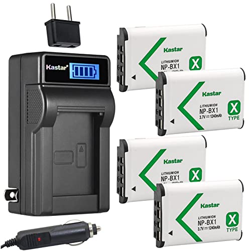 Kastar 4-Pack NP-BX1 Battery and LCD AC Charger Compatible with Sony HDR-AS20 HDR-AS200V HDR-AS30 HDR-AS300 HDR-AS50 Action Cam HDR-AS50R HDR-CX240 HDR-CX240E HDR-CX405 HDR-CX440 HDR-GW66 Cameras