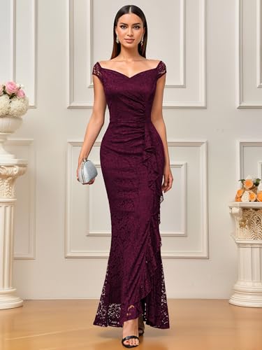 Image of MISSMAY Women's Vintage V-Neck Floral Lace Ruffle Split Formal Evening Maxi Dress