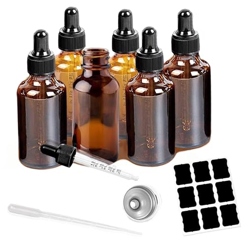 Z-synka 6 Pack 2oz Tincture Bottles With Dropper Amber Glass Dropper Bottle with Measured Eye Dropper Funnels,Labels,60ml Empty Bottle Brown for Homemade Vanilla Essential Oil,Tincture,Serum,Liquids