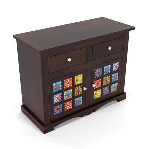 Image of Sheesham Wood Sideboard Cabinet for Living Room - Solid Wooden Storage Cabinet with 2 Drawers & 4 Shelves - Multipurpose Sideboard for Bedroom Dining & Home Furniture (Jack)