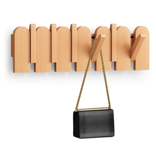 Ruioomeep Patère porte-manteau et décoration murale moderne avec 6 crochets pliants en pin poli pour vestes, manteaux, écharpes, sacs à main et plus encore...