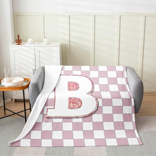 Image of Erosebridal Pink Initial B Fleece Blanket Queen 90 inchx90 inch Kawaii Plaid Checkered Flannel Blanket Cute Personalized Monogram Fuzzy Plush Throw for Kids Girls,Fashion Grids Gingham Decor for Bed Couch