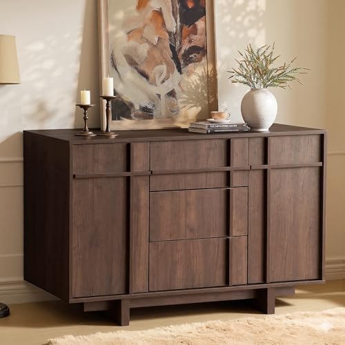 Image of Sideboard Buffet Cabinet with Storage, 47.2 inch Large Sideboard with 2 Doors & 3 Drawers, Mid Century Modern Credenza with Skeleton Line&Wood Grain for Living room, Kitchen and Entryway, Walnut