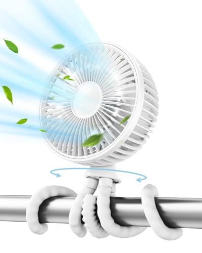 Image of Gaiatop Oscillating Baby Stroller Fan, LED Night Light 4 Speeds Rechargeable 360° Rotate Clip On, Battery Operated Small Portable Cooling Fans for Car Seat Crib Treadmill Travel (White)