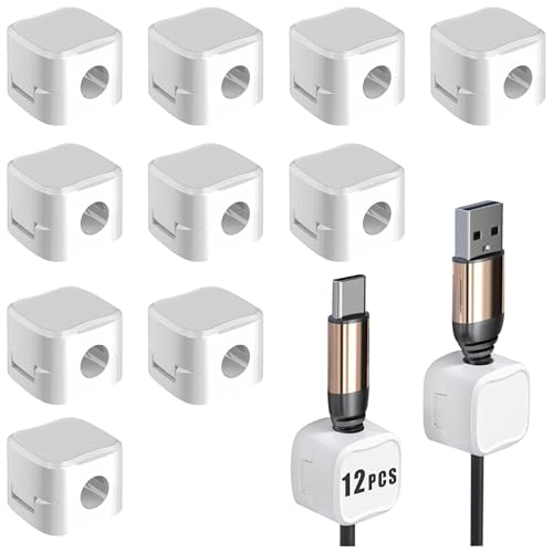 Pack de 12 Sujeta cables adhesivos blancos - Organizador de cables para escritorio con clip magnético y adhesivo - Sujetacables adhesivo para mesa - Ordena y recoge cables - Magnetic cable management