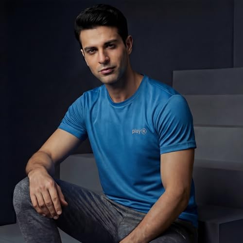 Image of playR Men's Polyester Adult Training Tee - Round Neck Half Sleeve Regular Fit DRIVENT, Lightweight Breathable Activewear for Gym Running Workout Yoga All Season