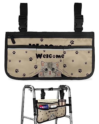 Adorable Cat Welcome Wheelchair Side Bag Walker Bag, Retro Paws Footprints Wheelchair Accessories Armrest Pouch, Organizer Storage Bag for Walkers, Rollators, Scooters, 7.3''x13''