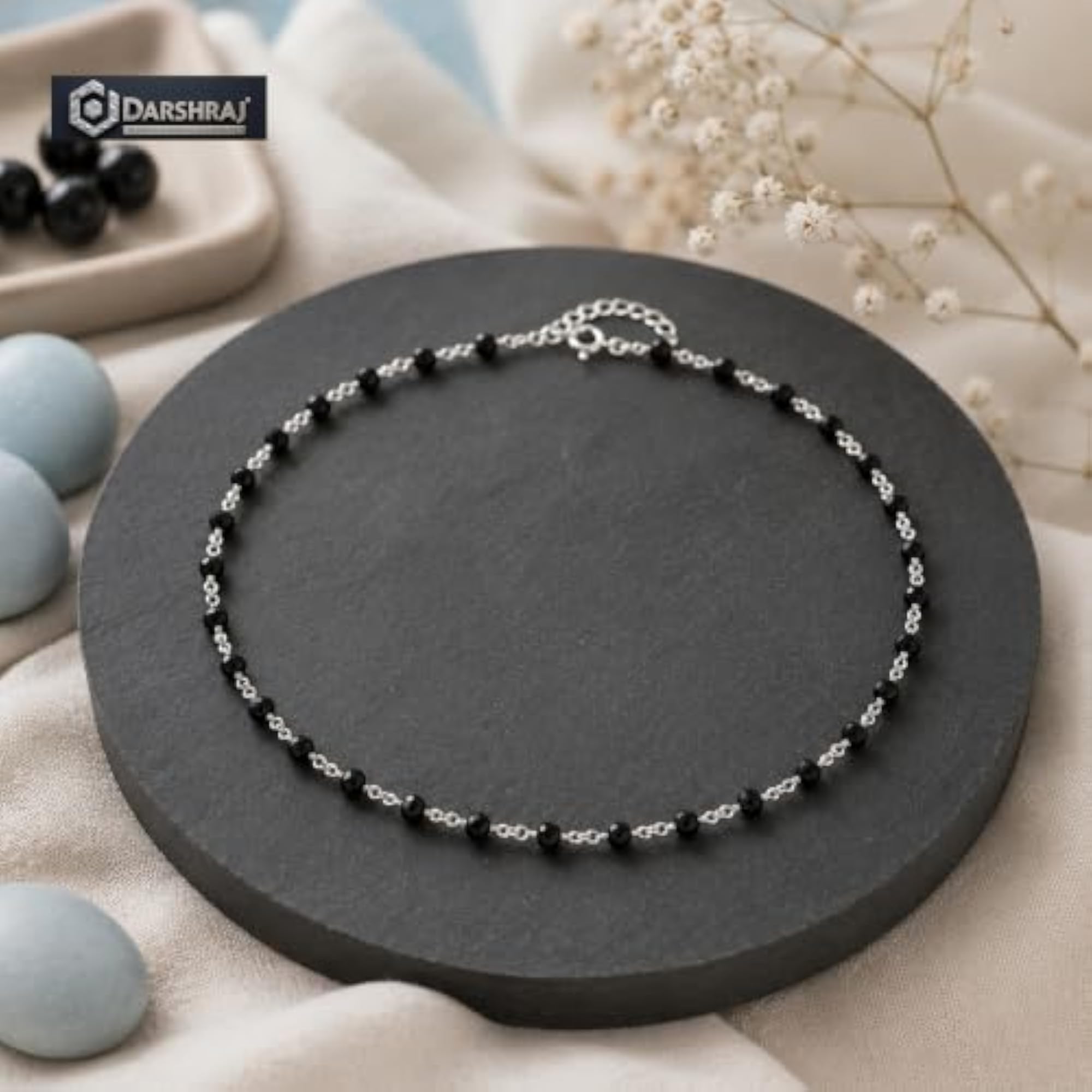 Baby Chain Looping Nazariya in 925 Sterling Silver with Black Beads