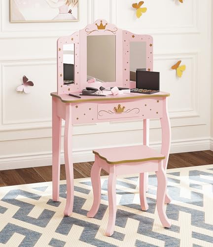 UTEX Pretend Play Kids Vanity Table and Chair Vanity Set with Mirror Makeup Dressing Table with Drawer，Play Vanity Set,Pink