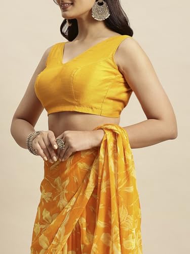 Image of RATAN Women's Chiffon Floral Printed Saree with Unstitched Blouse Piece