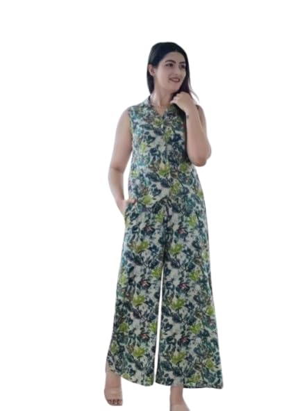 Women's Sleeveless Floral Print Jumpsuit, Wide Leg, Blue Green Yellow, Casual Wear (IN, Alpha, XL)-picture-39