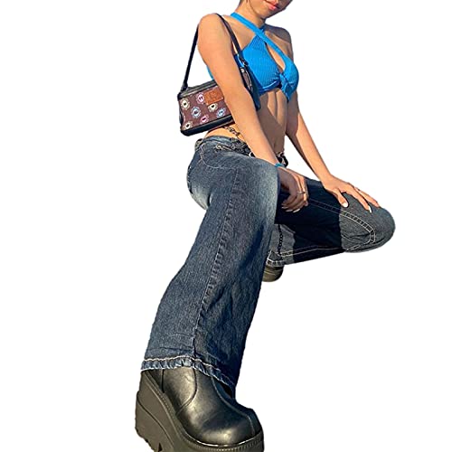 Flared Jeans for Women Y2k Low Waist Denim Bell Bottoms Hip Hop Relaxed Fit Washed Trousers with Flap Pockets3