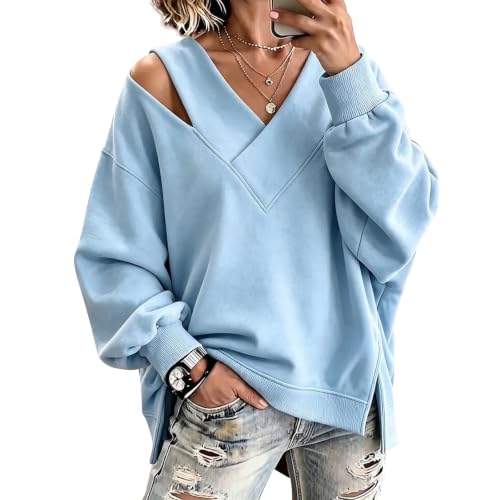 MESSIYO Off Shoulder Tops For Women Fall Cute Long Sleeve Shirts Sky Blue - image 4