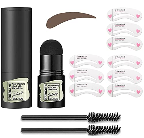 One Step Eyebrow Stamp Shaping Kit - Brow Powder Stamp Makeup with 9 Reusable Eyebrow Stencils 2 Eyebrow Pen Brushes, Long Lasting Waterproof Buildable Eyebrow Makeup (Dark brown)