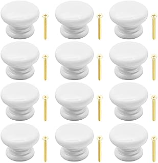 Yijunmca 12 Pack Cabinet Knobs Round Pulls 34mm Wooden Knobs Drawer Knobs with Screws for Dresser Furniture Kitchen Bathroom Cupboards Shutters Wardrobe Pull Mushroom Shape Handle Knobs, White