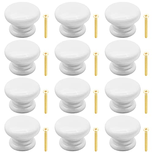 Yijunmca 12 Pack Round Drawer Knobs, 34mm Wooden, White, Mushroom Shape, for Dresser Kitchen, Bathroom, Cupboards, Wardrobe Pulls