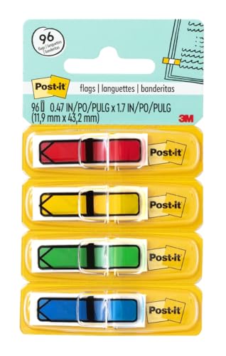Post-it Arrow Flags, Assorted Primary Colors, .47 in Wide, 24/Dispenser, 4 Dispensers/Pack (684-ARR3)