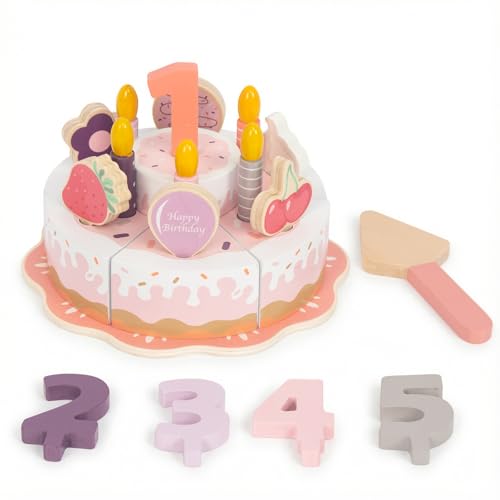 WoodenEdu Pretend Play Food for Toddlers 2-5 Wooden Birthday Fake Cake with Candles and Numbers Tea Party Learning Kitchen Gift Toys for Boys Girls (Pink Cake)