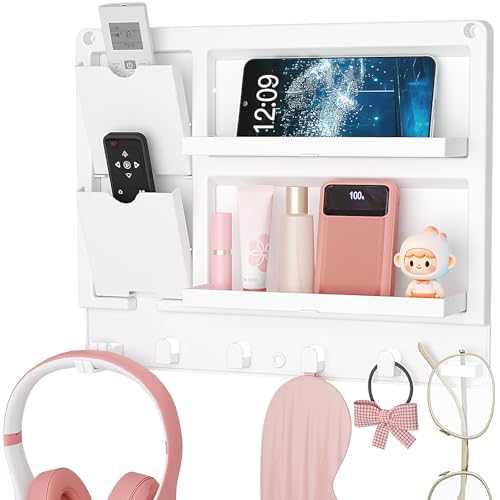 Lifewit Plastic Bedside Floating Shelf Adhesive Wall Shelves Organizer for Glasses Phone Earbuds Charging Cords TV Remote Storage Bedroom Decor Dorm Room Essentials White