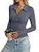 Womens Cotton Polo Collared Shirt Long Sleeve Sexy Deep V Neck Top Button Up Slim Fitted Tee Business Casual Outfit Dark Gray S
