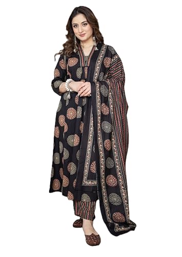 Image of Arayna Women's Pure Cotton Intricate Block Printed Ethnic Wear Kurta Set with Palazzo & Dupatta