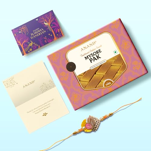 Image of ANAND Sweets Raksha Bandhan /Rakhi Mithai Gift box | Mysore Pak (500g) + Rakhi + Greeting card and cover combo /Rakhi Set | Mouth Watering Authentic Desi Ghee sweet | For brother, sister, bhabhi