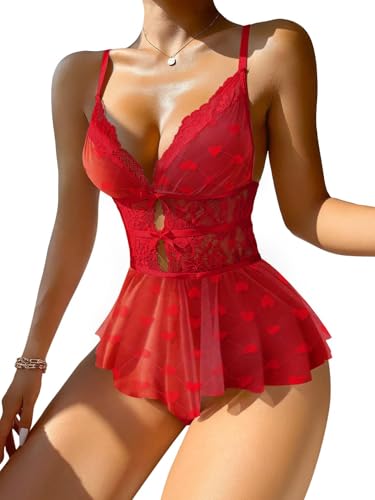 Image of Lilosy Sexy Bows Floral Lace Mesh Babydoll Lingerie Romper