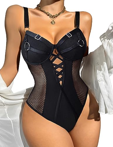 Avidlove Lingerie Bodysuits Women One Piece Body Suit Mesh Teddy With Underwire (Black, Small)