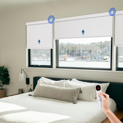Motorized Blinds for Windows - Hapadif Roller Window Shades with Remote, No-Drill Installation, Cordless Automatic Blackout Electric Blinds, Adjustable Height, Easy to Use (White, 20 x 72)