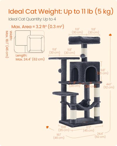 Image of Feandrea Cat Tree, 44.1-Inch Cat Tower, Plush Multi-Level Condo with 4 Scratching Posts, 2 Perches, Hammock, Cave, Smoky Gray UPCT261G01