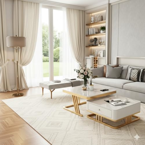 Image of Handmade Drawer Square 20 inchx20 inch Coffee Table /Nesting Table /Side Table /Center Table with Marble Finish Top for Living Room /Drawing Room (White & Gold)