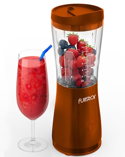 Image of Fullstar Portable Blender for Smoothies and Shakes - 15 oz Mini Personal Travel Blender with Sipper Lid, Compact Smoothie Maker for Office, Home, and Kitchen (Orange)