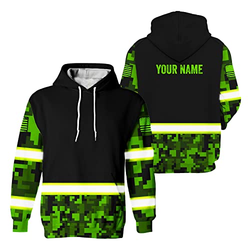 Matedecor Safety Hoodie Green Green Camo Class 3 Customize Name High Visibility Hoodie for Men Reflective Hoodie Hi Vis Construction Workwear for Runners, Walkers, Trucker, Operator, Patriotic-L