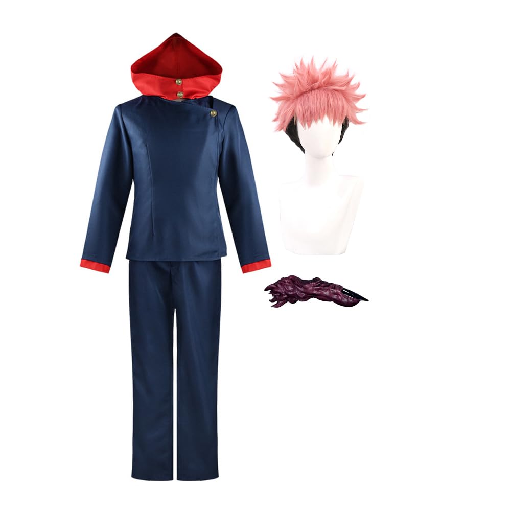 Zhongkaihua JJK Itadori Yuji Cosplay Costume Itadori Yuji Uniform with Wig Ryomen Sukuna Prop Outfit Stage Role Play Halloween Party Carnival for Fans