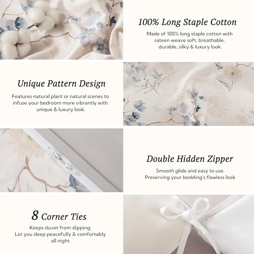 MILDLY Twin Size Duvet Cover Set 100% Long-Staple Cotton Luxury Elegant Floral Patten Reversible Comforter Cover Set 2Pcs