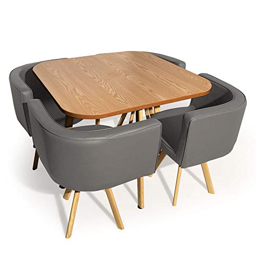 Menzzo Ensemble Table + 4 Chaises Scandinaves Oslo – Design Gris & Chêne – Table 90×90×75 cm – Salle à Manger Moderne – Mobilier Cuisine & Repas...