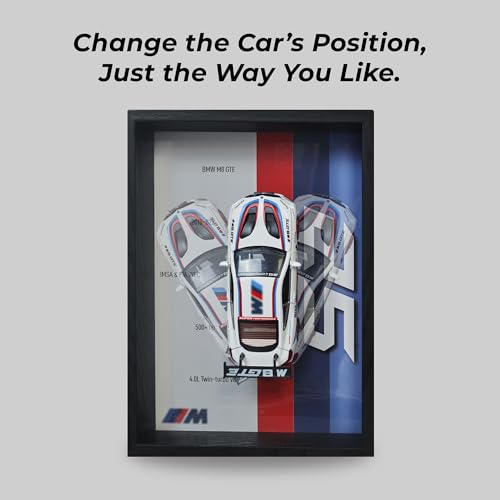 Image of CodersParadise - BMW M8 GTE (White) 3D Car Frame Wall Art | 1:32 Die-Cast Metal Model Car with Wooden Display Frame | Detachable Miniature, Interchangeable Posters, Pull-Back Action, Lights & Opening Doors | Unique Gift for Cars Lovers & Home Decor