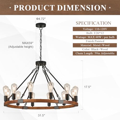 Image of Farmhouse Wood Wagon Wheel Chandelier 12-Light 31.5 inch Light Fixture