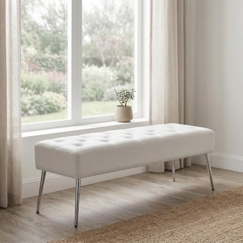 DUHOME Button-Tufted Ottoman Bench Upholstered Footrest Stool Rectangular Dining Bench Leather Accent Bench for Entryway Dining Room Living Room Bedroom White