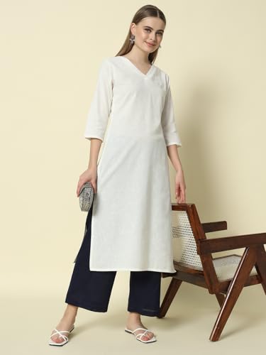 Image of FIORRA Womens Loose Mid Rise Cotton Solid Palazzo