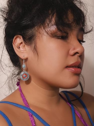 MINACHI Bohemian Vintage Style Geometric Blue and Red Dangle Earrings, Ethnic Jewelry for Women3