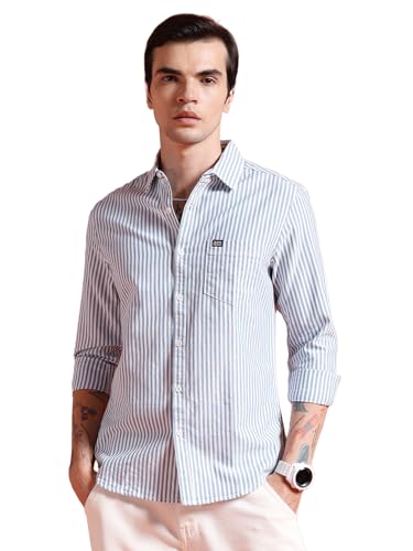 Image of The Indian Garage Co Men Slim Fit Striped Full Sleeves Cutaway Collar Casual Shirt