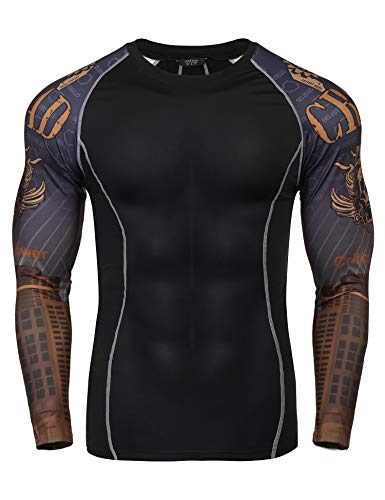 COOFANDY Men's Compression T-Shirts Long Sleeve Baselayer Cool Dry Workout Athletic Tights Top, Brown, Medium