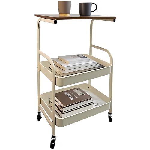 Ceeyali 3段 金属製収納カート オフィス キッチンラック ローリングカート キャスター付き、木天板付き キッチン収納カート 耐荷重約40kg (ベージュ)