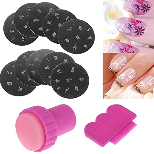 10 X Nail Art tampon Stamping ensemble plaque + outil Stamper Design Kit