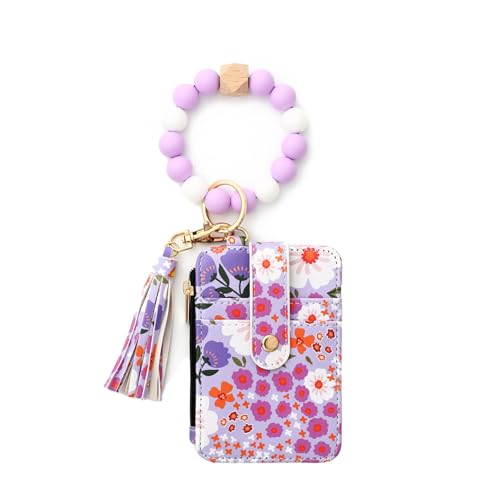 MJHRRZQ Keychain Wristlet Wallet Floral Card Holder Silicone Bead String Wristband Wristlet Wallet Key Chains Women Cute (Purple)